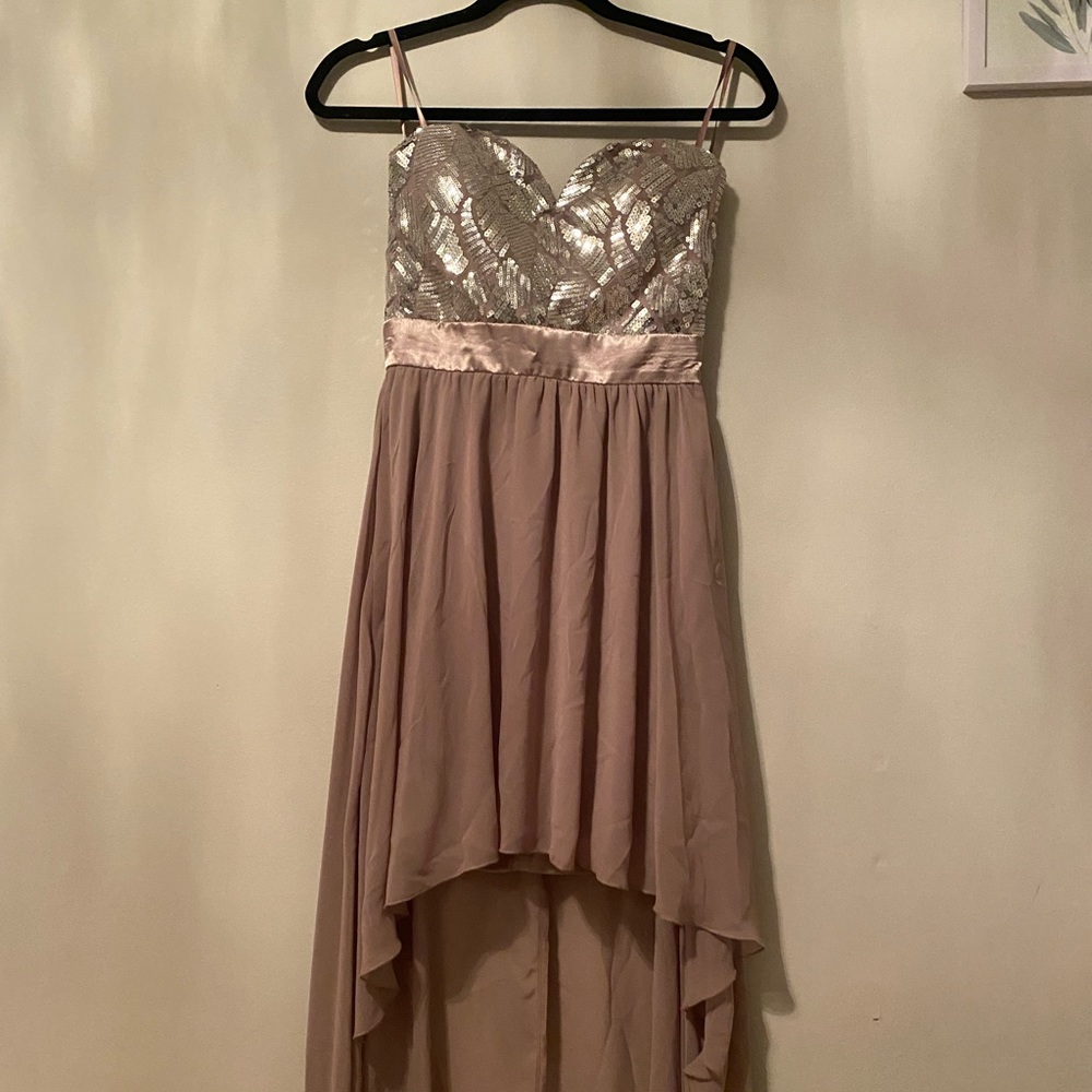 No shoulder dress with gems in the front
